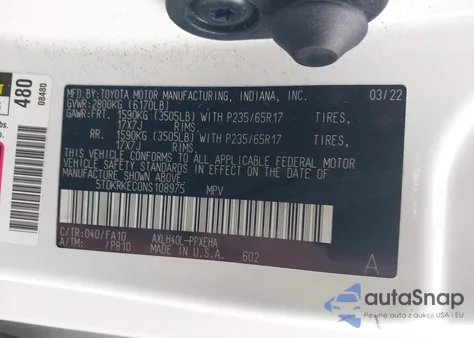 2022 Toyota Sienna Le z USA, uszkodzony, nr VIN 5TDKRKEC0NS108975